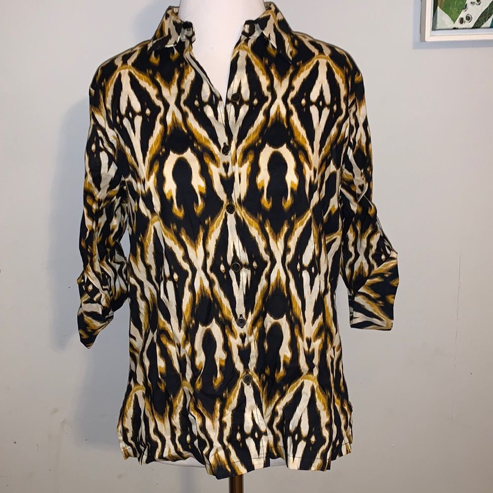 Jones New York Petite Medium Abstract Pattern Button Up Shirt Blouse 100% Cotton